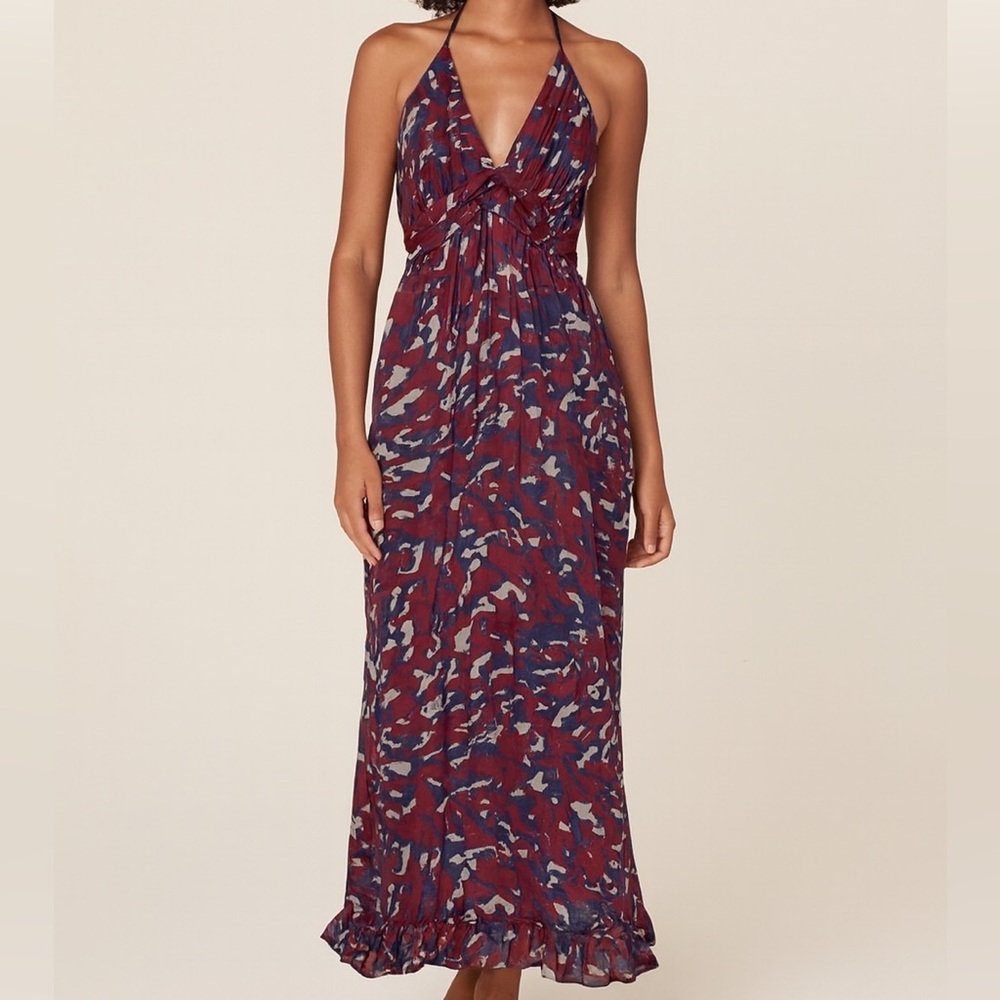 Rory Beca 100% Silk Halter Boho Maxi Dress - Maroon Blue Size Small